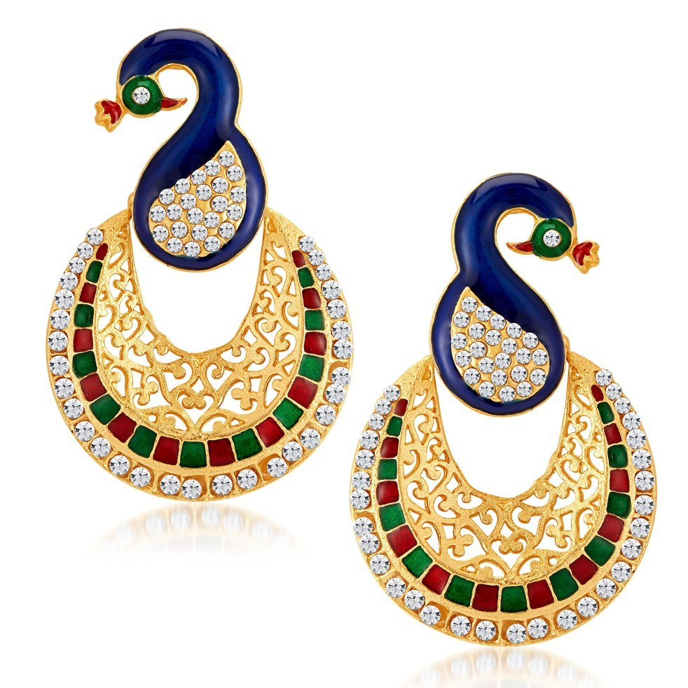 Sukkhi Glamorous Gold Plated Austrian Diamond Peacock Meenakari Dangle Earring for Women