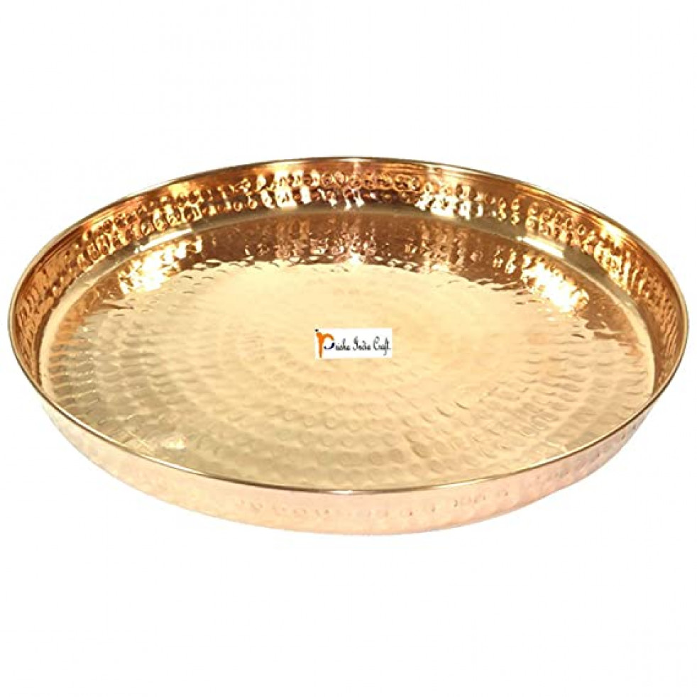 Prisha India Craft Pure Copper Dinner Thali Plate, Hammered Design, Diameter 12.00 Inch (Brown)