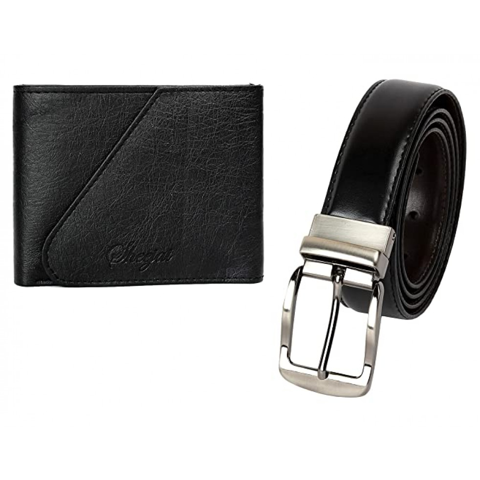 Sheejai Men'S Light Weight Leather Wallet And Belt Combo In Black And Black