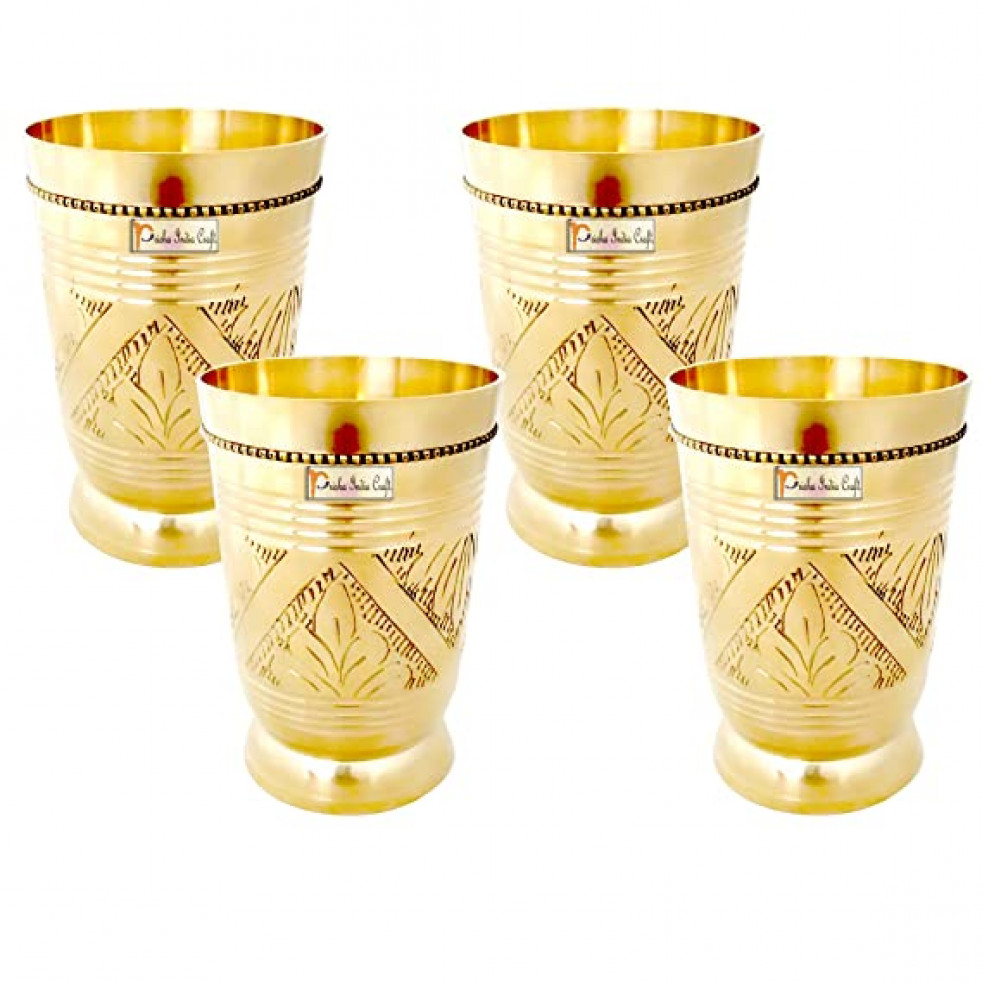 Prisha India Craft Pure Brass Mughlai Style Embossed Design Glass Tumbler | Drinkware & Serveware | Capacity 250 ML | Set of 4