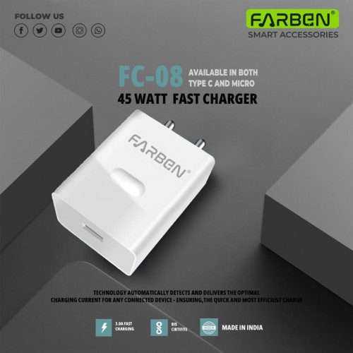 Farben FC-08 Super Vooc 45W Type C Charger - Lightning-Fast Charging, Universal Compatibility, Premium Quality