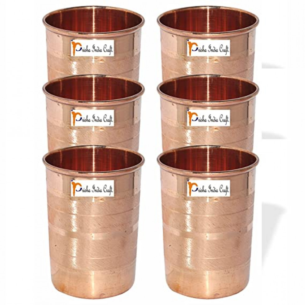 Prisha India Set of 6, Handmade Copper Glass Silver Touch for Ayurveda Healing