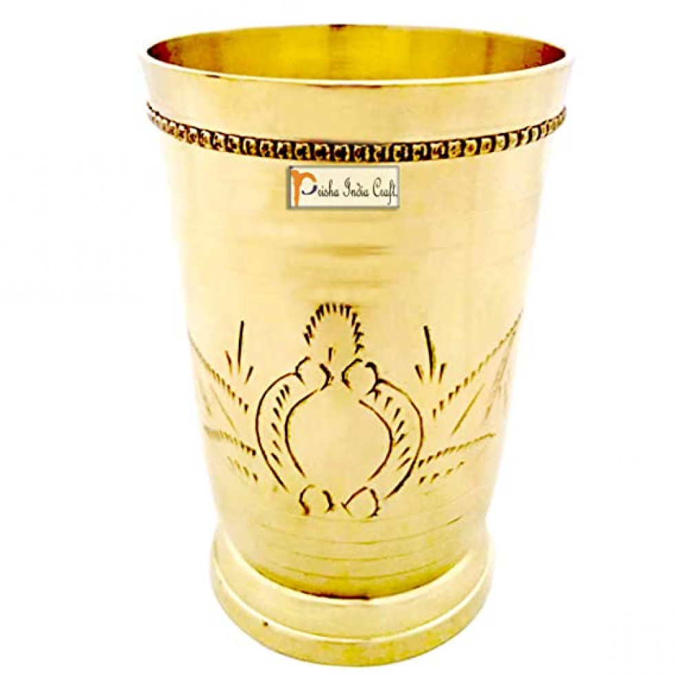 Prisha India Craft Pure Brass Mughlai Style Embossed Design Lassi Glass Tumbler | Drinkware & Serveware | Capacity 250 ML