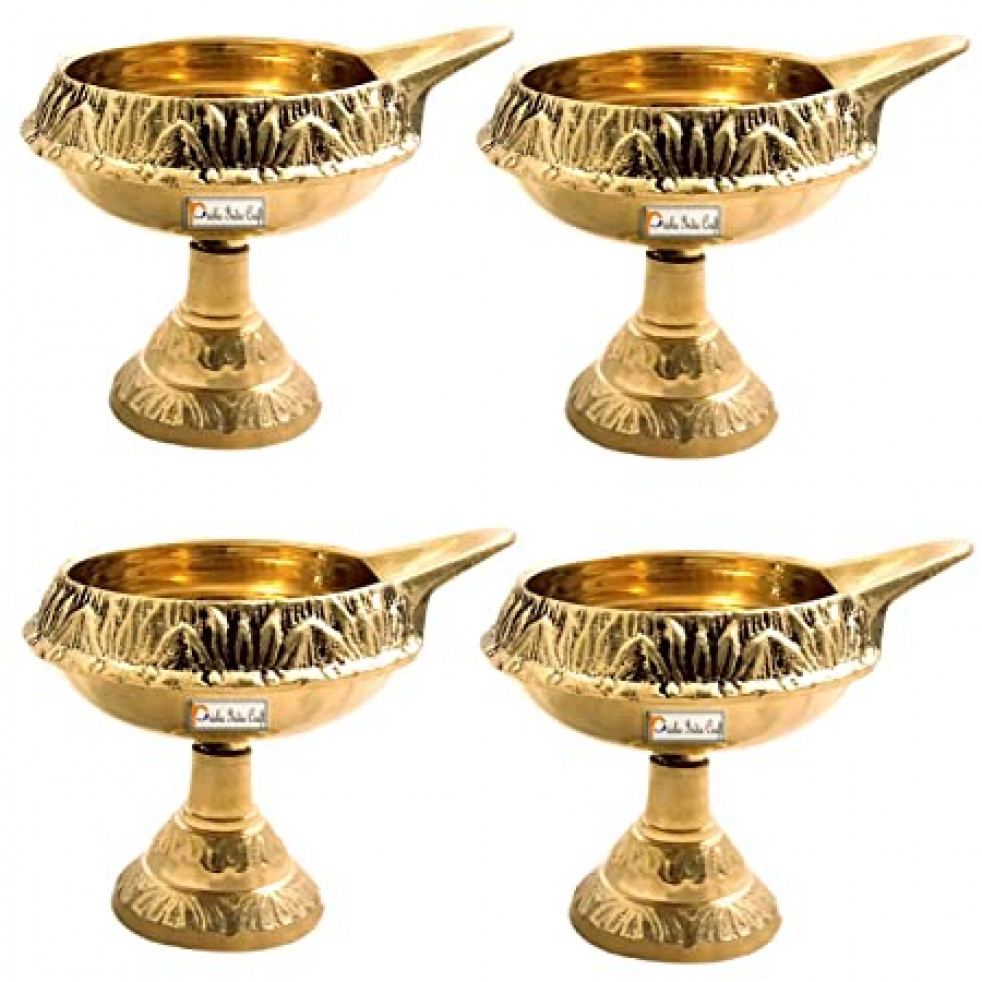Prisha India Craft Brass Diwali Kuber Deepak Diya Oil Lamp for Poojan Purpose, Set of 4