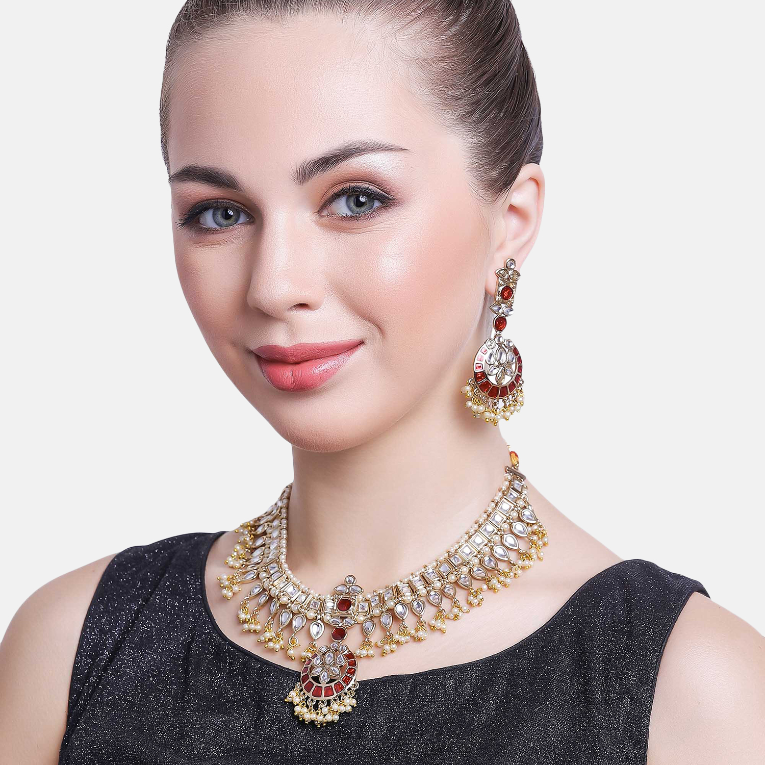 Estele Gold Plated Resplendent Kundan Necklace Set with Pearl & Enamel for Women