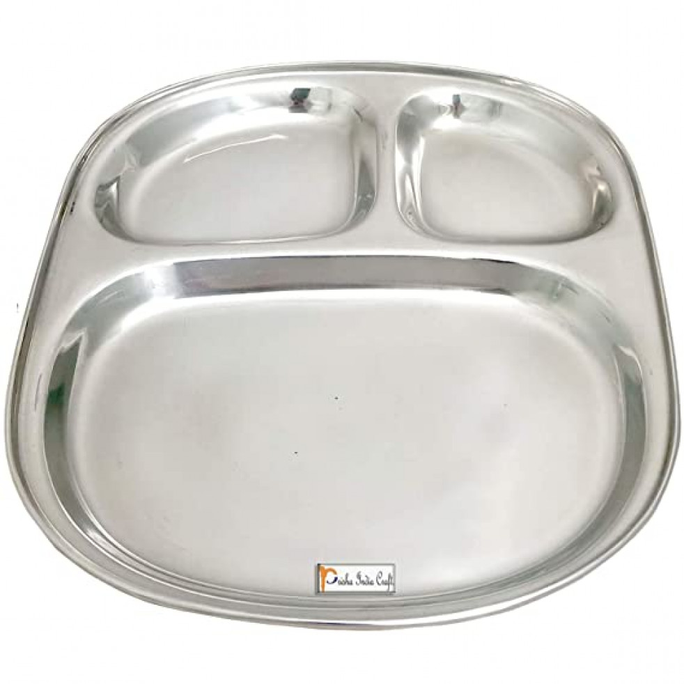 Prisha India Craft Stainless Steel 3 in 1 Compartment Divided Tray for Kids Lunch Camping, Length 9.00 Inch, Set of 2 Pieces