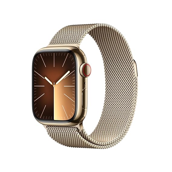 Apple Watch Series 9 [GPS + Cellular 41mm] Smartwatch with Gold Stainless steel Case with Gold Milanese Loop One Size. Fitness Tracker, Blood Oxygen & ECG Apps, Always-On Retina Display, Water Resistant
