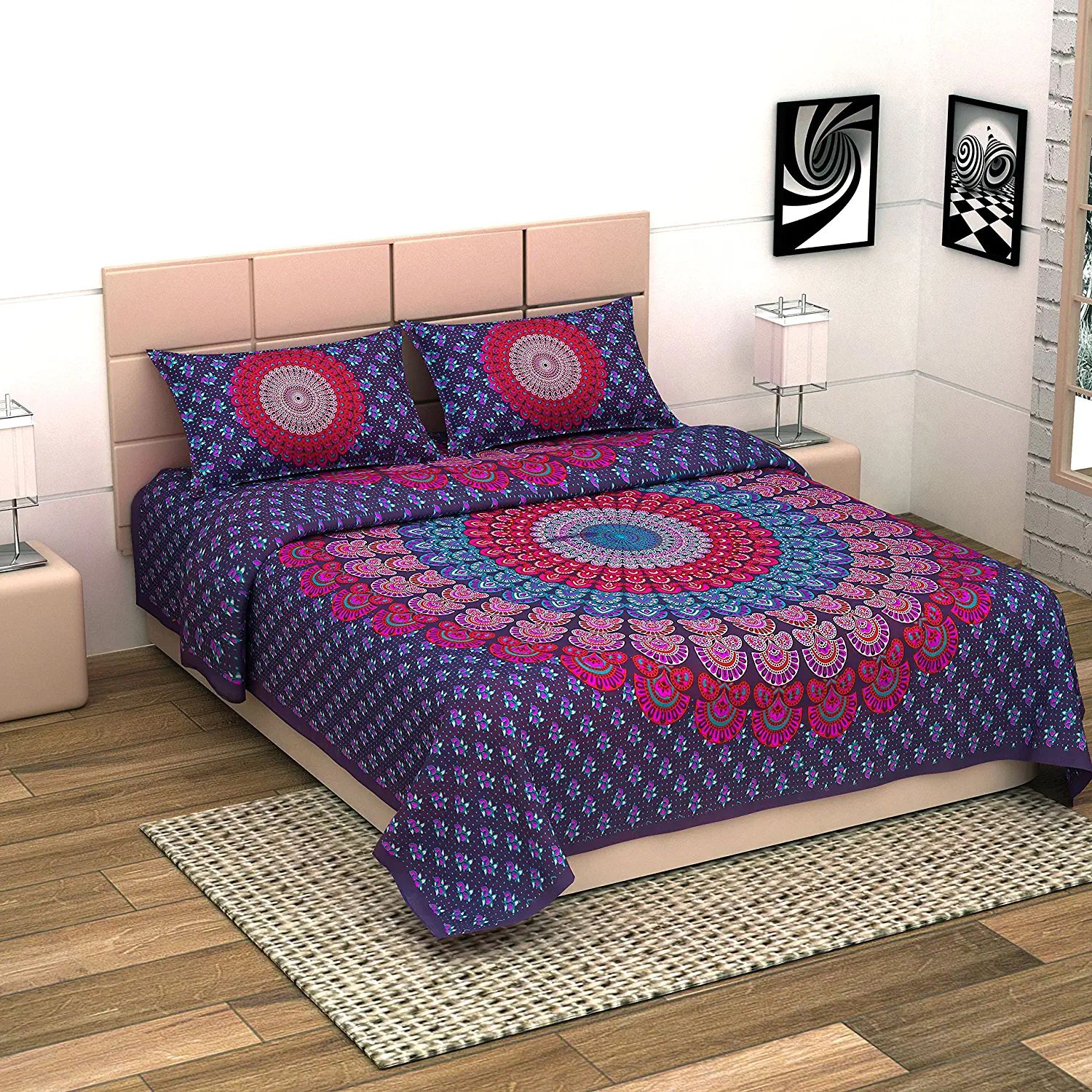 UniqChoice Purple Color 100% Cotton Badmeri Printed King Size Bedsheet With 2 Pillow Cover(D-1010NPurple)