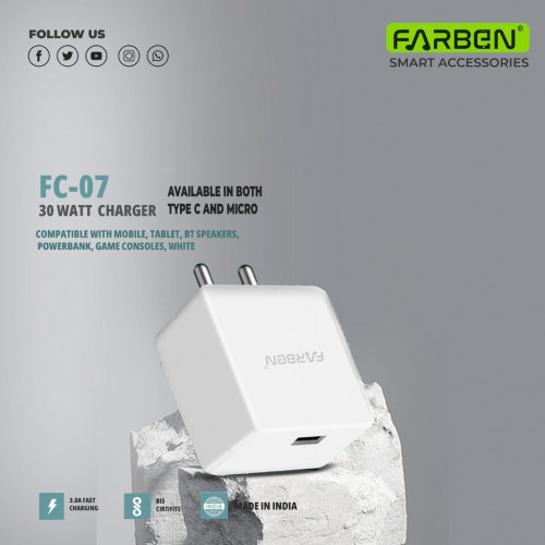 Farben FC-07 Super Vooc 30W Type C Charger - Ultra-Fast Charging, Universal Compatibility, Premium Performance